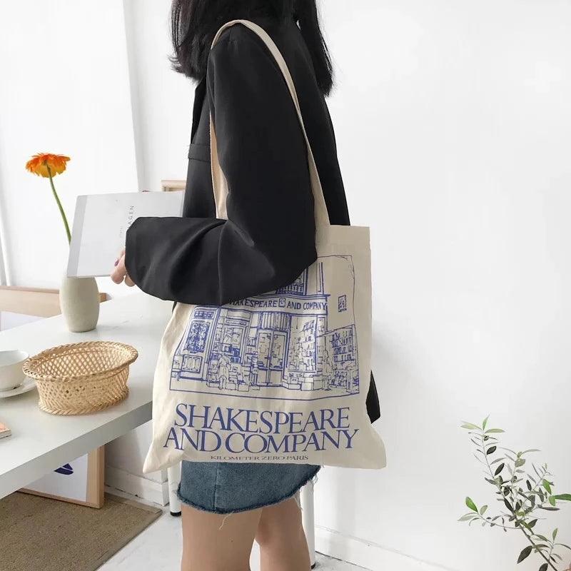 Women Canvas Shoulder Bag Paris Print Cotton Handbag Student Books